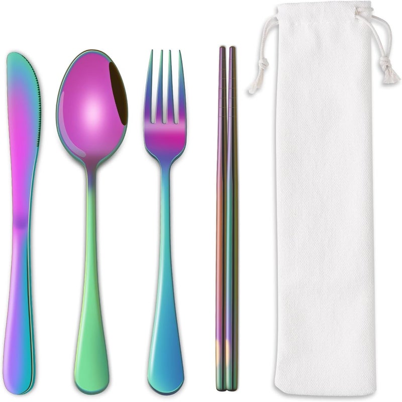 Dehov Rainbow Working Lunch Silveware Set,Reusable Travel Utensils Set With Case Includes Stainless Steel Chopsticks Knife Spoon And Fork,Camping Picnic Essentials - Image 1